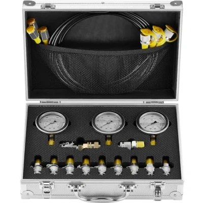Image of VEVOR Hydraulic Pressure Test Kit, 250/400/600bar, 3 Gauges 11 Couplings Hoses, Excavator Gauge Set with Portable Carrying Case for Tractors Construction Machinery