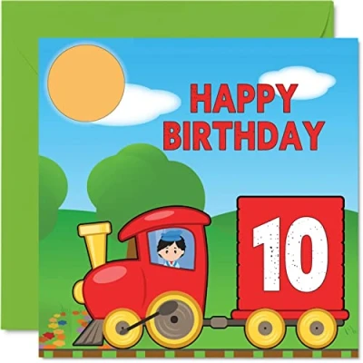 Image of 10th Birthday Card Unisex Train Happy for 10 Year Old Son Daughter Brother Sister Grandson Granddaughter Niece Nephew Cousin, 145mm x Greeting