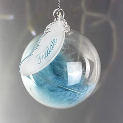 Image of Personalised Glass Christmas Bauble. Blue Feather Tree Decoration