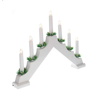 Image of Christmas Static Battery 7 LED White Wood Candle Arch/CANDLELIER/Bridge with Timer