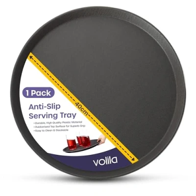 Image of volila Black Round Tray 40 cm (1 Pack) Rubberized Non Slip for Serving Food and Drinks Dishwasher Safe Parties, Gatherings, Bars, Restaurants Home