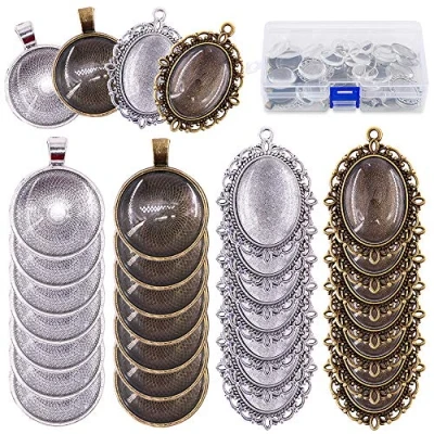 Image of Glarks 64 Pieces Pendant Set, 16Pcs Oval Trays and Round Bezels with 32Pcs Glass Cabochon Clear Dome Tiles for Crafting DIY Jewelry Making