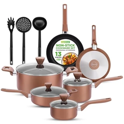 Image of 13 Piece Nonstick Kitchen Cookware Set PTFE/PFOA/PFOS Free Heat Resistant Ware Pots Pan w/Saucepan, Frying Pans, Cooking Pots, Casserole, Lids, Ladle, Fork, Strainer, Brown NCCWA13BR