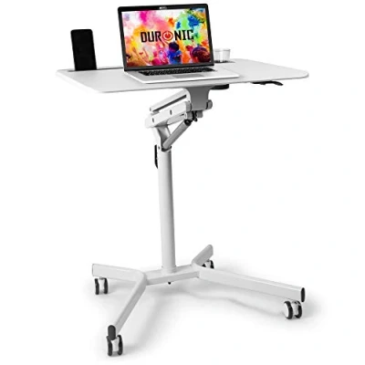Image of Duronic Sit Stand Desk WPS57 WHITE Ergonomic with Tablet Support &amp; Cup Holder Multi Use Table on Wheels 70x52cm Platform Adjustable Height Reach 10kg Capacity For Home/Office…