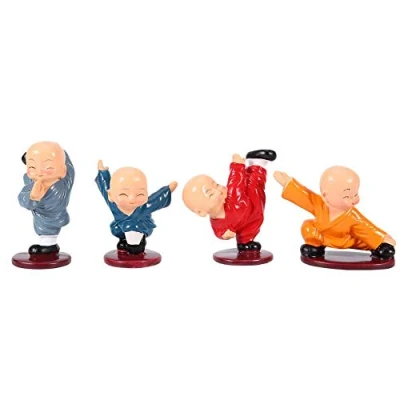 Image of Hztyyier 4pcs Monks Figurine Kungfu Cute Little Statue for Lucky Sculpture Home Decor Gift Ornaments