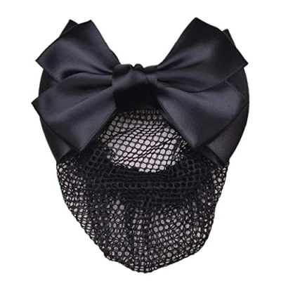 Image of Bowknot Hair Clip With Hairnet Snood Net Bun Cover Bow Barrette Clip(Black)