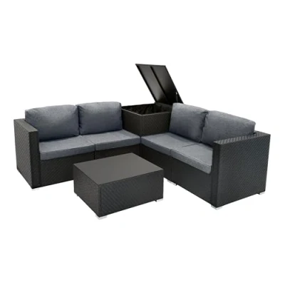 Image of Rattan Modular Garden Furniture 6 Piece Set Serafina Black 4 Seater Sofa Sectional Chairs With Cushions Glass Top Coffee Table 250L Storage Box Washable Covers Outdoor Patio Waterproof Rain Cover