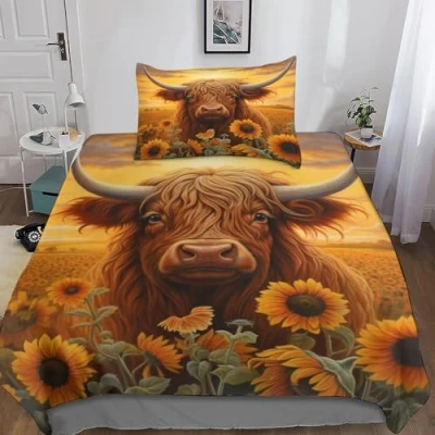 Image of Sunflower Highland Cow 3D Print Duvet Cover Bedding, for Kids Teens Adults Colourful Animals Comforter 3 Piece Quilt Matching Pillowcase with Zipper Closure Soft Microfiber Single（13