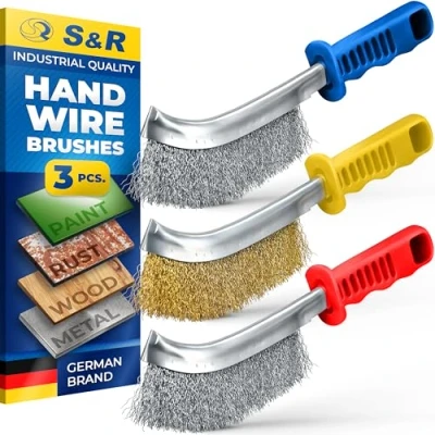 Image of S&amp;R Hand Wire Scratch steel brush Set 265mm / 125mm 3 piece: 1 brush, brass stainless