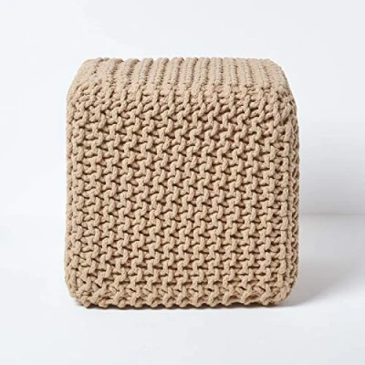 Image of HOMESCAPES Linen Knitted Cube Footstool Bean Filled 100% Cotton for Living Room Children or the Elderly