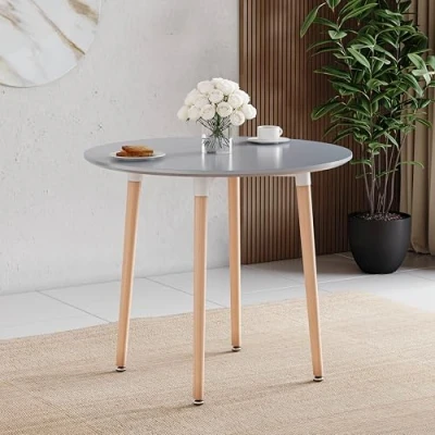 Image of Vida Designs Batley Round Dining Table, Modern Kitchen table with Natural Beech Wood Legs, Compact for Small &amp; Room Furniture (Grey, 4 Seater)