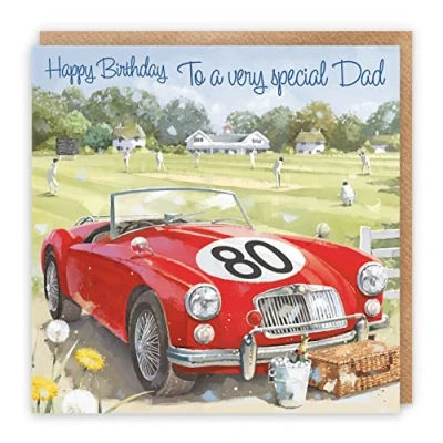Image of Hunts England 80th Dad Classic Sports Car Birthday Card Happy 80 To A Very Special Artistic Milo&#039;s Cricket Match