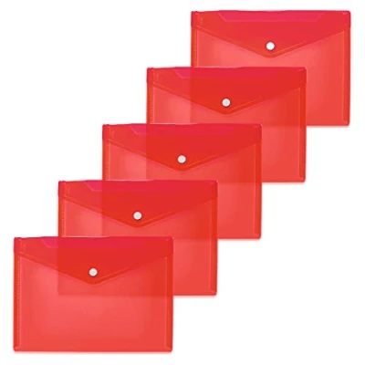 Image of HERMA 20054 Document Wallets DIN A5 (25 x 18 cm, Polypropylene, Pack of 5) Transparent Pockets with Press Stud for School, University, Office, PP Envelopes in Red