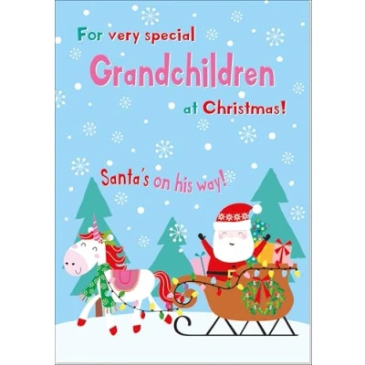 Image of doodlecards Grandchildren Christmas Card Magic Santas Sleigh with Unicorn Medium Size for Plain Envelope
