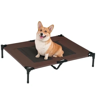 Image of PawHut Large Raised Dog Bed Cat Elevated Lifted Cooling Portable Camping Basket Outdoor Indoor Mesh Pet Cot Metal Frame Brown