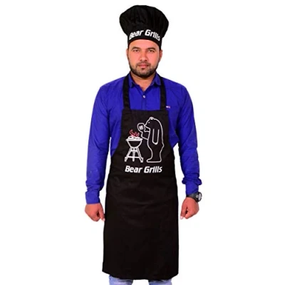 Image of Sterling Smart® Mens Cotton APRON &amp; Hat Set Cooking Chef Kitchen Novelity BBQ Funny Novelty Grilling Ideas BAKEWARE (Bear Grill Set)