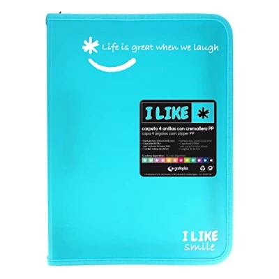 Image of Grafoplás Zipper Ring Binder, A4+, Light Blue, 4 25 mm, I Like Smile Series