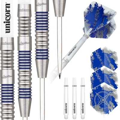 Image of Unicorn Steel Tip Darts Set Gary &#039;The Flying Scotsman&#039; Anderson Silver Star 80% Natural Tungsten Barrels with Blue Accents 24 g