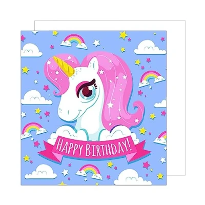 Image of Edition Seidel Premium Square Birthday Card with Envelope Happy Billet Woman Girl Teenager Pink Unicorn Party (GQ107)