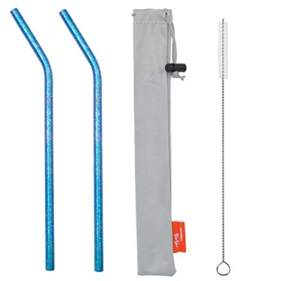 Image of TiTo 2Pcs Titanium Metal Straw Reusable Colorful Ultralight Drinking Straws with Cleaning Brush and Bag for Smoothie, Milkshake, Cocktail Hot Drinks(Blue,Bent)
