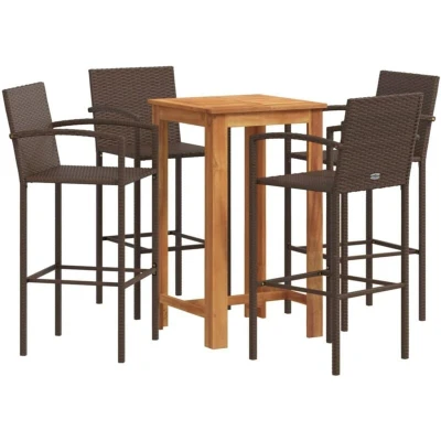 Image of vidaXL 5 Piece Garden Bar Set Brown Solid Wood Acacia and Poly Rattan