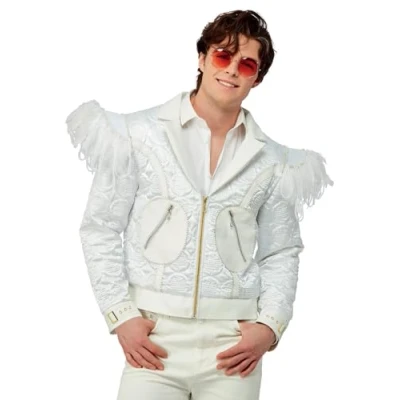 Image of Smiffys Elton John Feather Jacket for Adults, Quilted with Shoulders, White, Officially Licensed, Ideal Music Themed Fancy Dress Embellishments