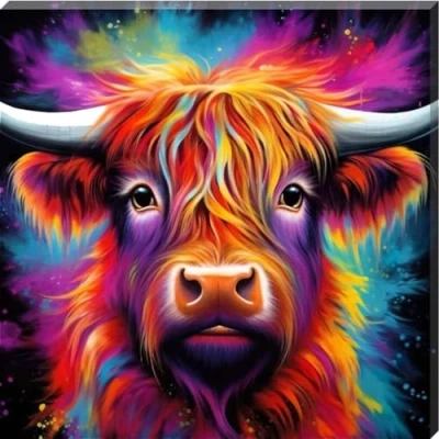 Image of Colour Splash Arty Highland Cow Canvas Scottish Wall Art Bright Picture (8&quot; X 8&quot; (203MM 203MM))