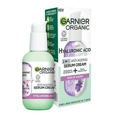 Image of Garnier Organic Lavandin &amp; Hyaluronic Acid serum Cream, 2in1 Formula With Hydrating Moisturiser, Replumps Skin Reduces Fine Lines, Vegan Formula, 50ml