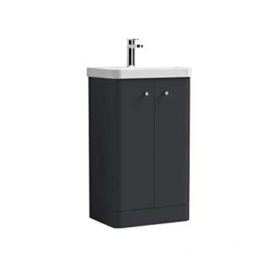 Image of nuie Modern Bathroom Floor Standing 2 Door Vanity Unit with Ceramic Basin, 500mm, Soft Black