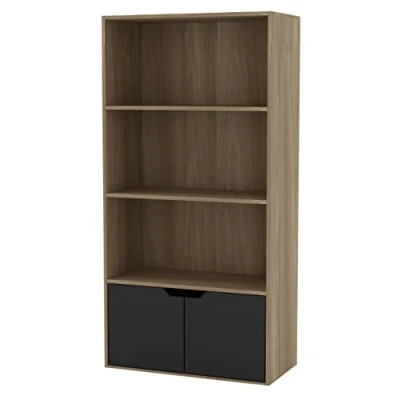 Image of URBNLIVING 4 Tier Wide Wooden Bookcase Cupboard with 2 Doors Storage Shelving Display Shelf Cabinet Unit (Oak Black Doors)