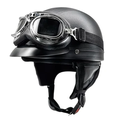 Image of Motorcycle German Leather Half Face Helmet with goggles Retro Crash Helmet,Leather Open UV Goggles,Open Vintage Style M,54 62CM