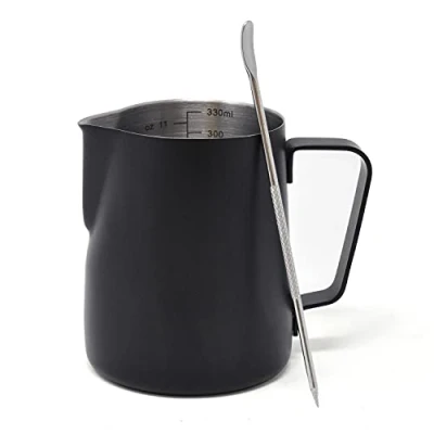 Image of Joeji&#039;s Kitchen Milk Frother Jug for Coffee Machine 350ml with Art Pen Stainless Steel Pitcher Barista Cappuccino Latte and Espresso Black﻿