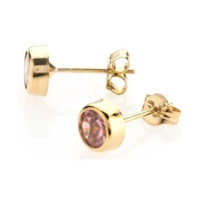 Image of 9ct gold 5mm pink CZ crystal rubover stud earrings. Gift box