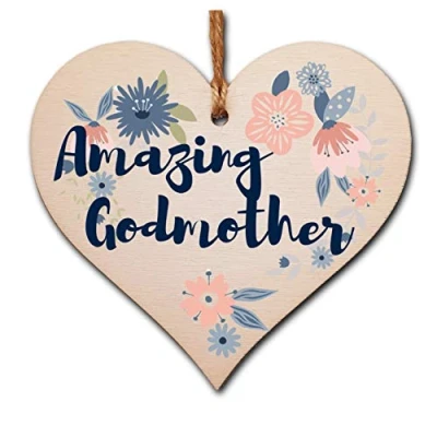 Image of The Plum Penguin Handmade Wooden Hanging Heart Plaque Gift Amazing Godmother Thank You Special Someone Present Floral Style from new mum parents