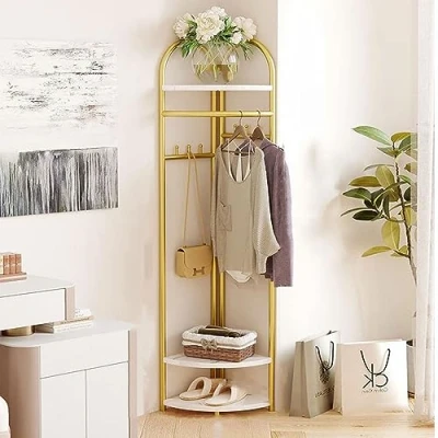 Image of ELZEM Entryway Corner Hall Tree with Shoe Rack, Industrial Coat Rack 6 Hooks and Storage Shelf, Multifunctional Organizer for Entryway, Hallway, Bedroom A