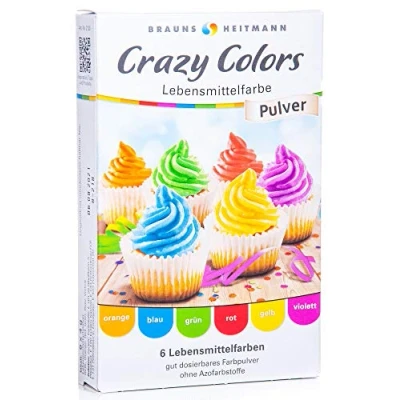 Image of Brauns Heitmann Crazy Colours food powder dye to decorate desserts, glazes, marzipan, ornaments, sugar coatings 6 colourings in red, green, blue, orange, yellow violet for baking and decorating