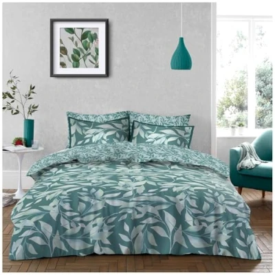Image of GC GAVENO CAVAILIA Botanical Double Duvet Set With Pillowcases Reversible Floral Green Bedding Sets Polycotton Leaf Teal Quilt Cover