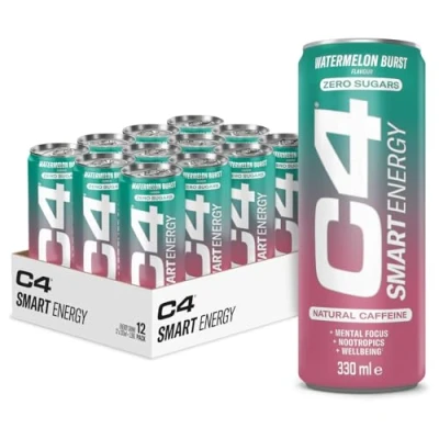 Image of C4 Smart Energy Drinks Watermelon Burst 330ml (12 pack) Sugar Free Drink with 106mg Natural Caffeine, Brainberry, Nootropics, Vitamin C for Mental Focus On the Go
