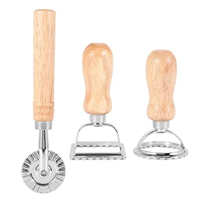 Image of Fladhheg 3PCS Ravioli Pasta Cutter Set, Stamp Maker with Wooden Handle for Ravioli, Pasta, Dumplings Lasagna, Pierogi