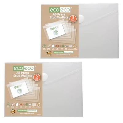 Image of eco A6 95% Recycled Clear Press Stud Popper Wallet, Plastic Folders (Pack of 10), eco155x2
