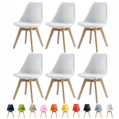Image of mcc direct Set of 6 Dining Chairs Wooden Legs Soft Cushion Pad Stylish DELUXE Retro Lounge Office EVA (White)