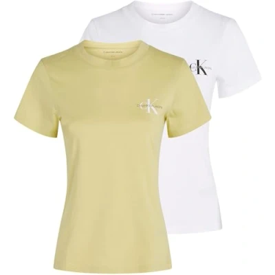 Image of Calvin Klein Jeans Monologo SLIM TEE 2 PACK Basic Tshirt, Women&#039;s, Size: Medium, Muted lime/brilliant white
