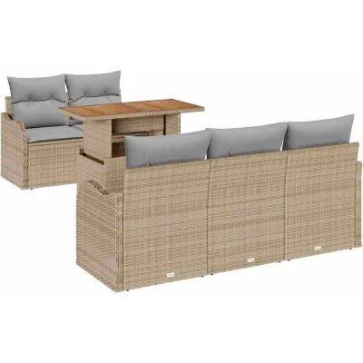Image of vidaXL 6 Piece Garden Sofa Set with Cushions Beige Poly Rattan Acacia