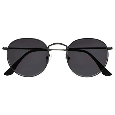 Image of OPULIZE Sol Sunglasses Thin Rimmed Retro Round Metal Frames Scratch Resistant Tinted Lens UV400 Protection Matt Gunmetal Black Tips Mens Womens S94 7 +0.00