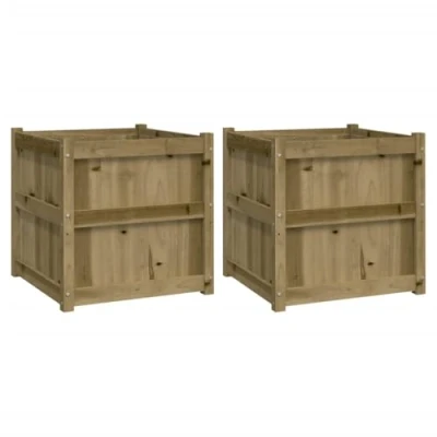 Image of vidaXL Impregnated Pine Wood Garden Planters Set of 2 Square Outdoor Plant Pots for Patio Decor, Natural Wooden Flower Garden, Balcony, Indoor Use
