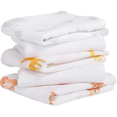 Image of aden + anais essentials 100% Cotton Muslin Musy Squares, Multi use Baby Cloths for Girls &amp; Boys, 60x60cm, Ideal Newborn Infant Nursing Set, Perfect Shower Gifts, 5 Pack, safari babes