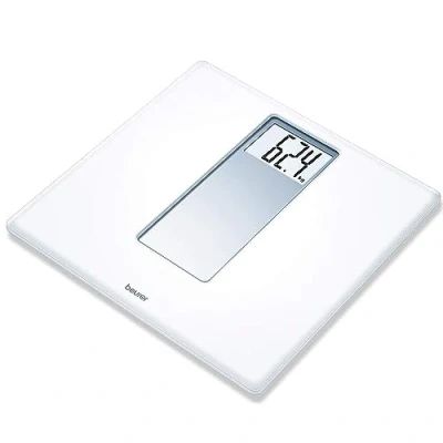 Image of Beurer PS160 Digital bathroom scale Pure white acrylic electronic XXL display 180 kg loading capacity Large standing surface area Adjustable betwee kg, lb and st