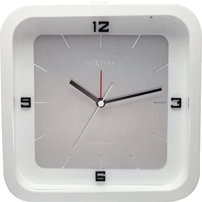 Image of NeXtime Table Clock 20 x 6 cm Wood White &#039;Square Alarm&#039;, Metal and plastic, 14