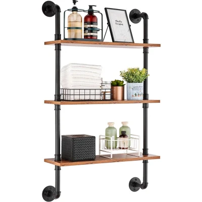 Image of VEVOR Industrial Pipe Shelf, 3 Tier 24x7.87in, Wall Mount Floating Rustic Wood Shelves Bracket Display Bookshelf, Storage Rack Sundries Holder for Kitchen Bedroom Bathroom Living Room, Black