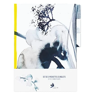Image of Clairefontaine 115943C A Set of 3 Tabbed Pockets With Blue Flower Patterns Painted in Ink 22x31 cm Filing Organization Storage Home Office Inkebana Collection
